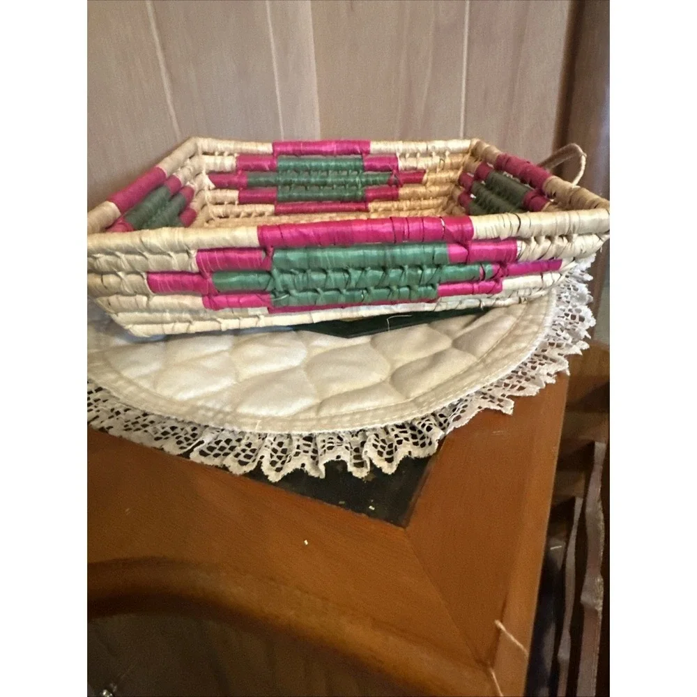handmade vintage woven grass or palm tray‎ basket
